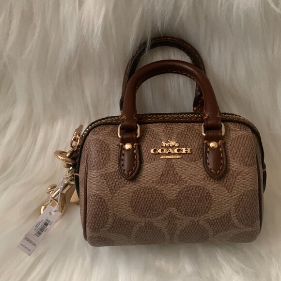 COACH Mini Rowan Bag Charm with Key Ring in Khaki/Mahogany - Picture 2 of 3